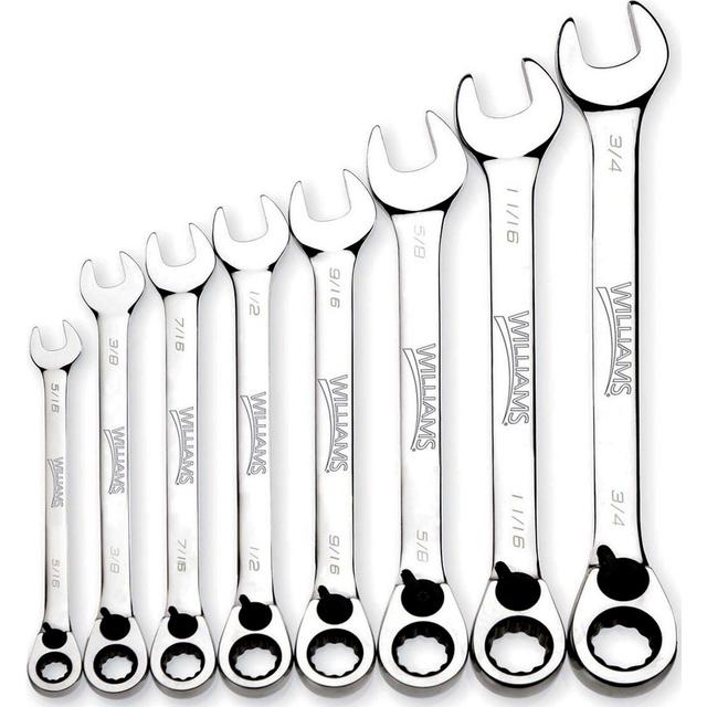 Williams Combination Wrench Set: 8 Pc, 5/16 in - 3/4 in Wrench, Inch - 15 deg Head Offset Angle, Polished Chrome Finish, Ratcheting