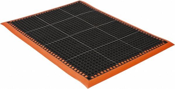 PRO-SAFE Anti-Fatigue Mat: 52" Long, 3' Wide, 7/8 Thick, Natural Rubber, Beveled Edges, Heavy-Duty - Raised Circle Surface, Black & Orange, for Dry &