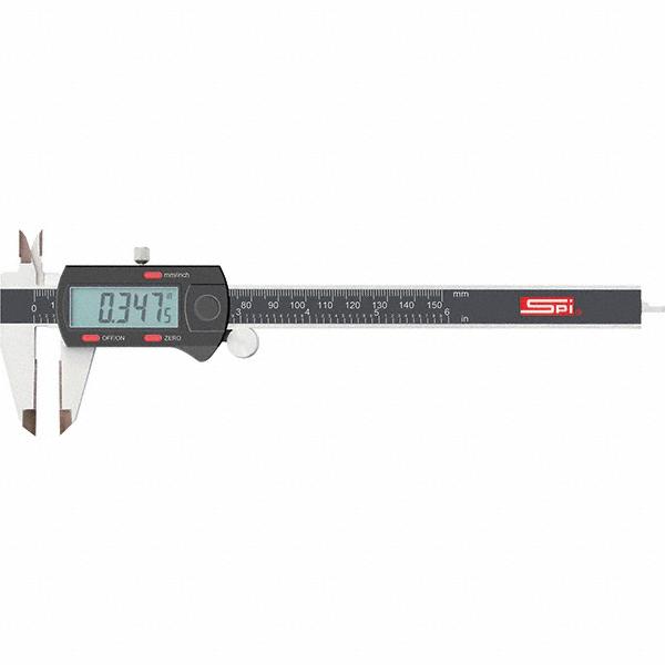 SPI Electronic Caliper: 150.00 mm, 6", 0.0100 mm, 0.0005" Resolution, +/-0.04 mm, +/-0.0015" Accuracy, Calibrated, Stainless Steel - Stainless Steel