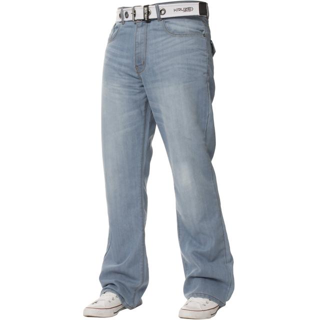 (Light Blue, 36W / 32L) Mens Bootcut Jeans Flared Wide Leg Belted Denim Pants
