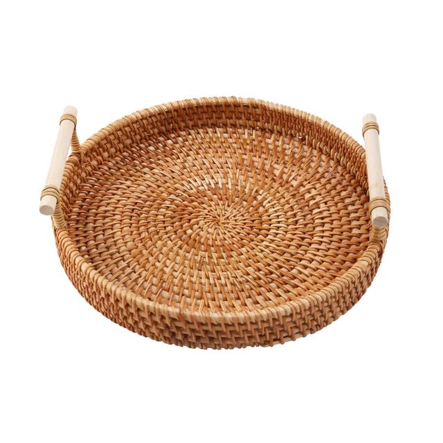 Rattan Storage Tray, Round Basket with Handle, Hand-Woven, Rattan Tray Wicker Basket Bread Fruit Food Breakfast Display L