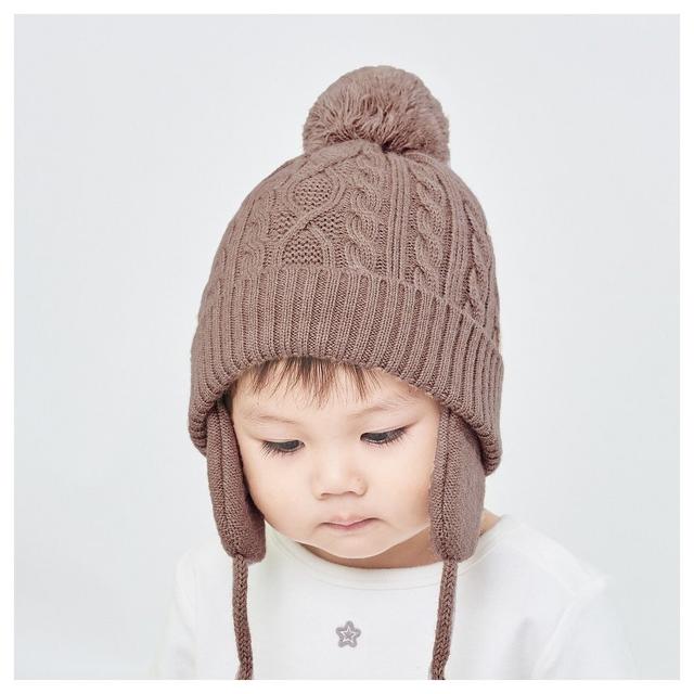(Khaki-M) Toddler Baby Girls Boys Winter Skull Hat Cable Fleece Lined Warm Knitted Earflap For Kids Daily Cap With Pom