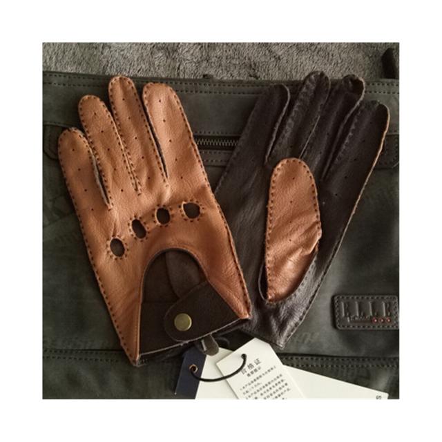 (brown Auburn-L) Men's Leather Gloves Male Breathable Classic Goatskin Unlined Thin Spring Summer Driving Mittens TB15