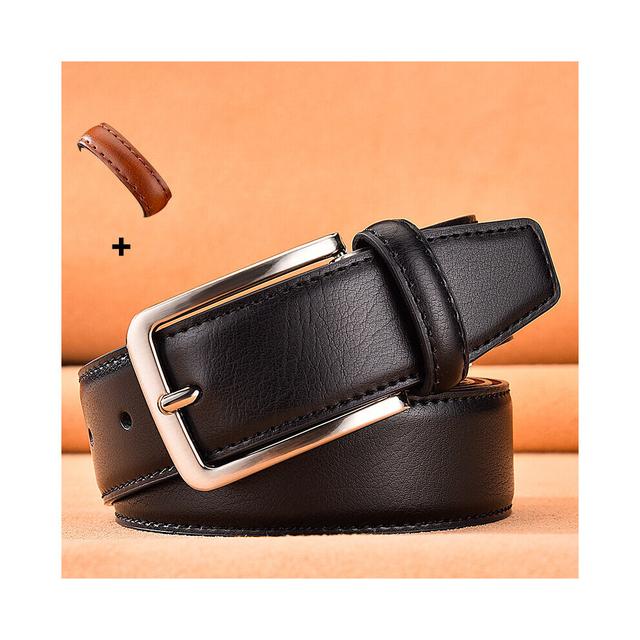 (Black Yellow Brown Black-95CM) Male Leather Belt For Men Two Belts Pin Buckle Cow Leather Jeans High Pasek Drop