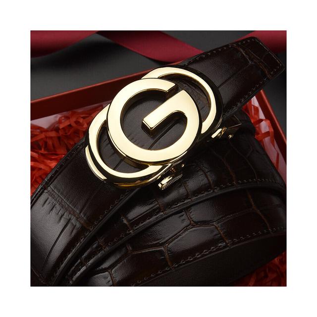 (01 White-105CM) Mens pattern belt men's automatic zinc alloy buckle cowhide leather belts GG male waistband