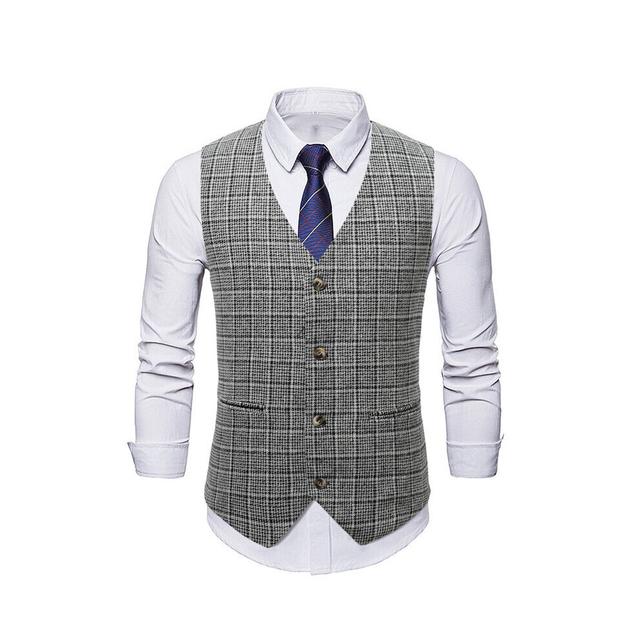 Mens Formal Suit Vest Business Dress Vest Men Plaid Wool Blend Tuxedo Vests Waistcoat Men Party Wedding Prom Colete Masculino