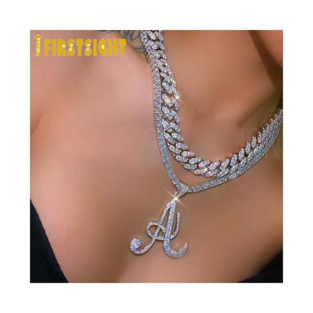 (Gold-color, Navy Blue) Iced Out Bling Cursive CZ Letters Pendant Necklace Cubic Zirconia Letter Charm Choker Hip Hop Women Men Jewelry