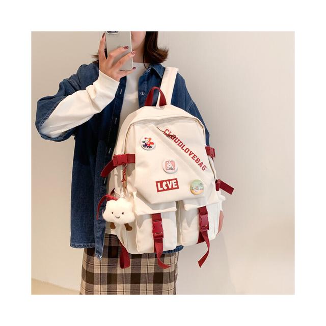 (1 Beige-With 1 pendant) Version Large-capacity School Bag Lightweight Travel Backpack Teen Girls Many Pockets Backpacks