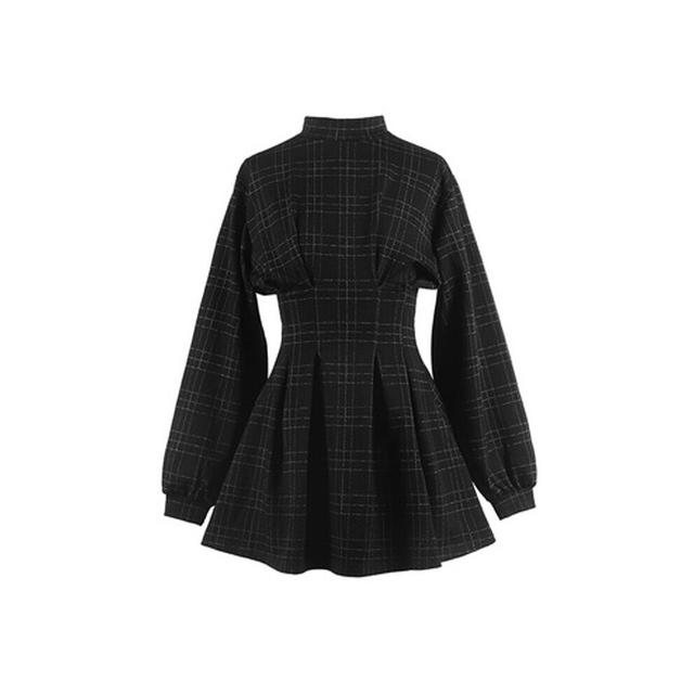 Women Stand Collar Long Sleeve Balck Plaid Pleat Ruched Mini Dress Puff Sleeve D1420