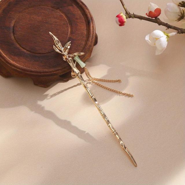 Alloy Bamboo Shaped Hair Stick With Chain Tassel Chinese Style Hair Pin Hair Pin For Ponytail Bun Holder Women Girls
