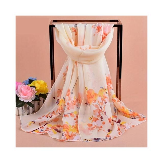 Flower Branch Print Chiffon Scarf Plain Breathable Gauze Shawl Women Casual Outdoor Windproof Head Wrap Thin Travel Beach Towel