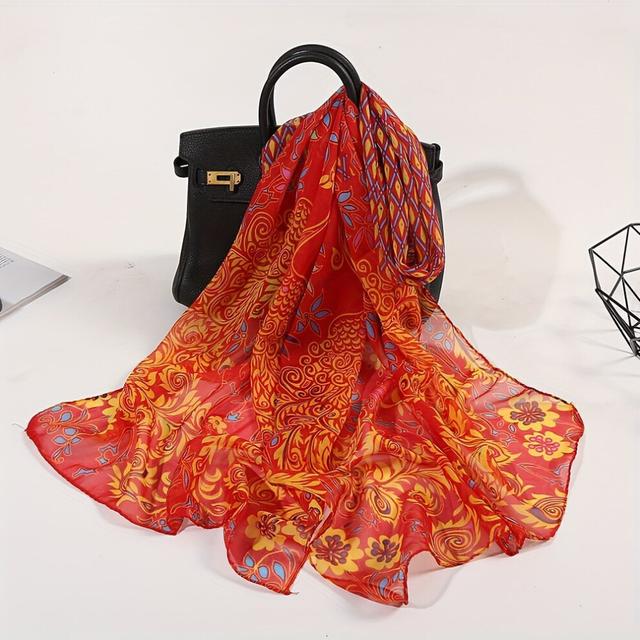 Peacock Print Chiffon Boho Vintage Shawl Sunscreen Head Wrap Hijab Travel Beach Towel Hair Accessories