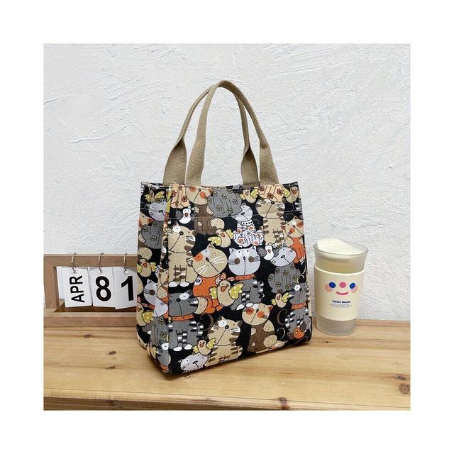 Cartoon Canvas Handbags Cat Print Lunch Box Bag Portable Storage Handbags For Work School