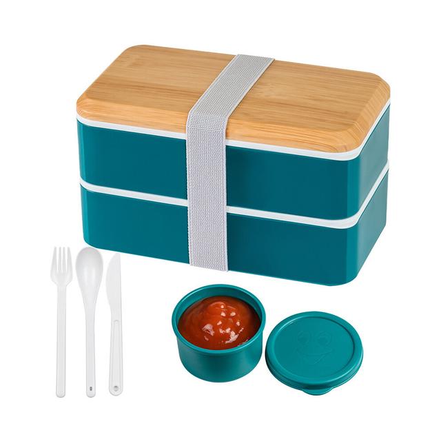 1pc Plastic Lunch Box With Wood Grain Lid Double Stackable With Fork Spoon Mini Bowl And 2 Dividers