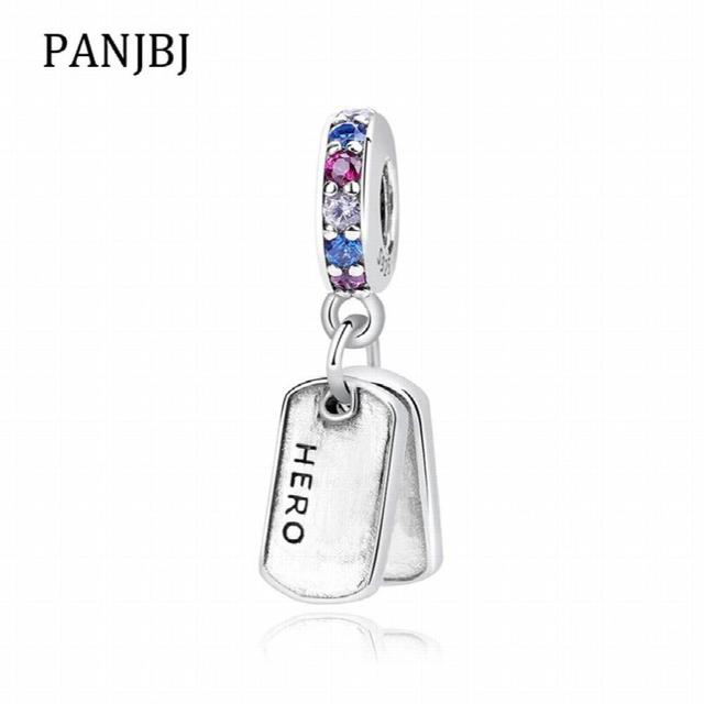 100% 925 Sterling Silver Bead Hero Dog Tag Dangle Charm Colored CZ Fit Bracelets Women DIY Jewelry