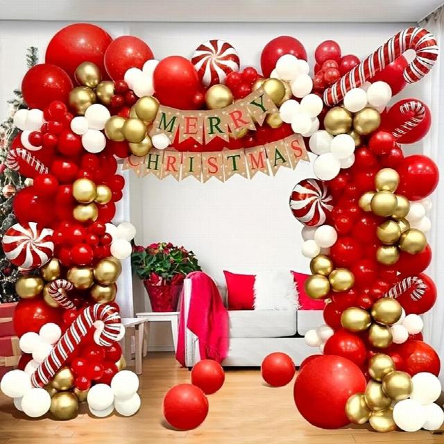 142pcs Christmas Balloon Arch Garland Kit With Christmas Red Golden Candy Cane Balloons For Christmas Party Decorations