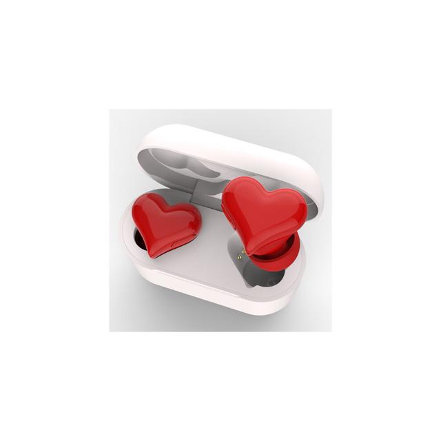 (Red) Wireless Heart Buds Headphones Women Girl Gift