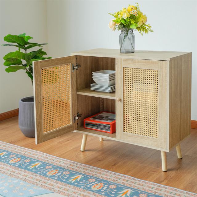 Abrihome Rattan Sideboard Cabinet with 2 Doors, Adjustable Shelf