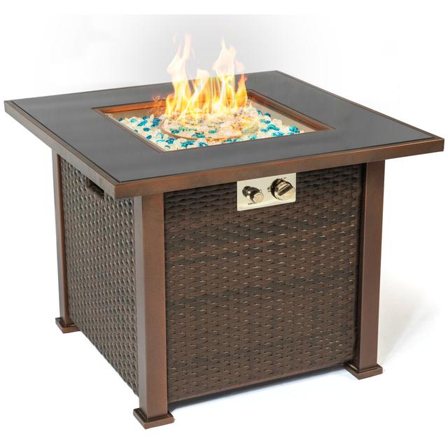 MDA Designs Ostara Stylish Wicker Garden and Patio Glass Tabletop Gas Fire Pit