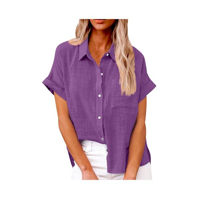 (Purple, XL) Women's Simple and fashion shirt Casual Classic Shirts Cotton Linen Short Sleeve Lapel Button Down Shirt temperament Tops traf
