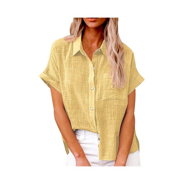 (Yellow, S) Women's Simple and fashion shirt Casual Classic Shirts Cotton Linen Short Sleeve Lapel Button Down Shirt temperament Tops traf
