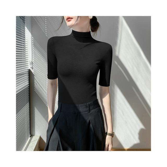 (Black, L) Turtleneck Sweater Bottom Shirt Women's Medium Sleeve Short Sleeve Tops Spring Summer Autumn Slim Black Knit Inside t-shirt Soft