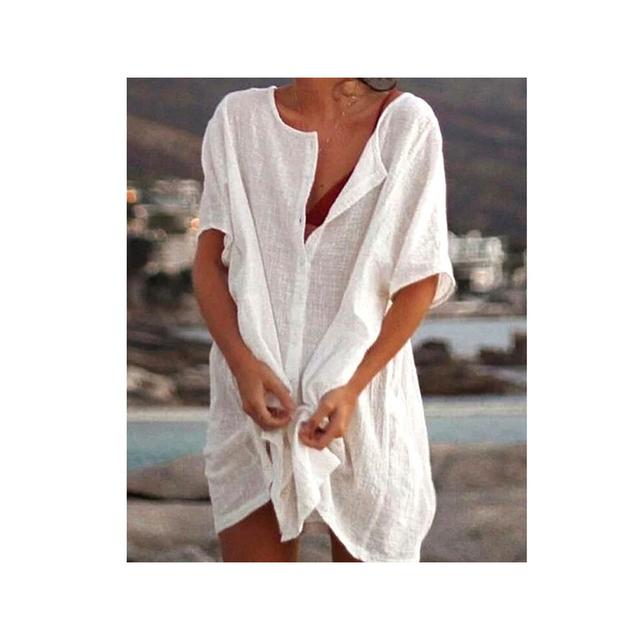 (white, L) Women Cotton Linen Long Blouse Summer Short Sleeve Solid Button Blouse Casual Shirt Vintage Oversized