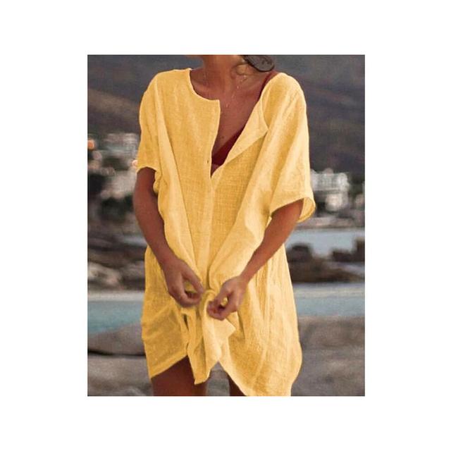 (yellow, 5XL) Women Cotton Linen Long Blouse Summer Short Sleeve Solid Button Blouse Casual Shirt Vintage Oversized