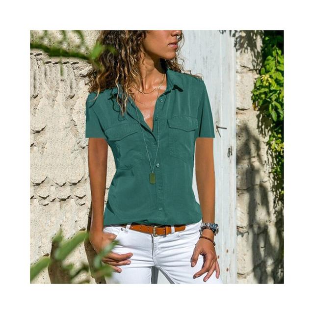 (green, M) Summer and Autumn New Women's Shirt Flip Collar Casual Fashion Shirt Women's Wear