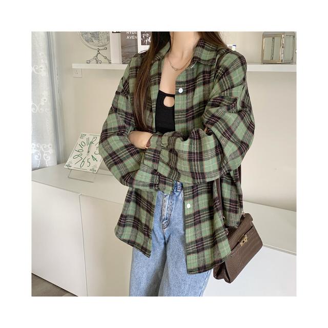 (Color 1, One Size) Women Tartan Shirt Long Sleeve Collared Button Up Oversized Plaid Shirt Flannel Jacket Grunge Teenage Girl Spring Summer Outfit