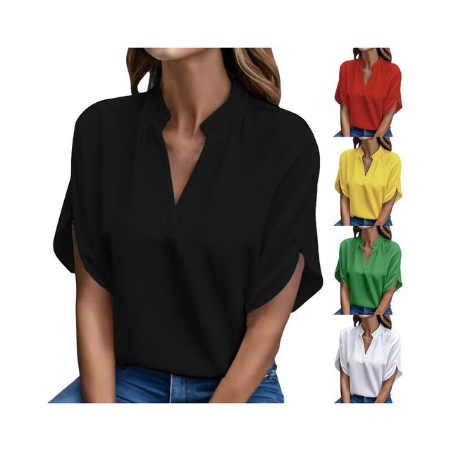 (Black, L) Women Elegant Solid Chiffon Blouse Spring Summer Casual Long Sleeve V Neck Yellow Office Lady White Shirt Tunics Basic Tops New