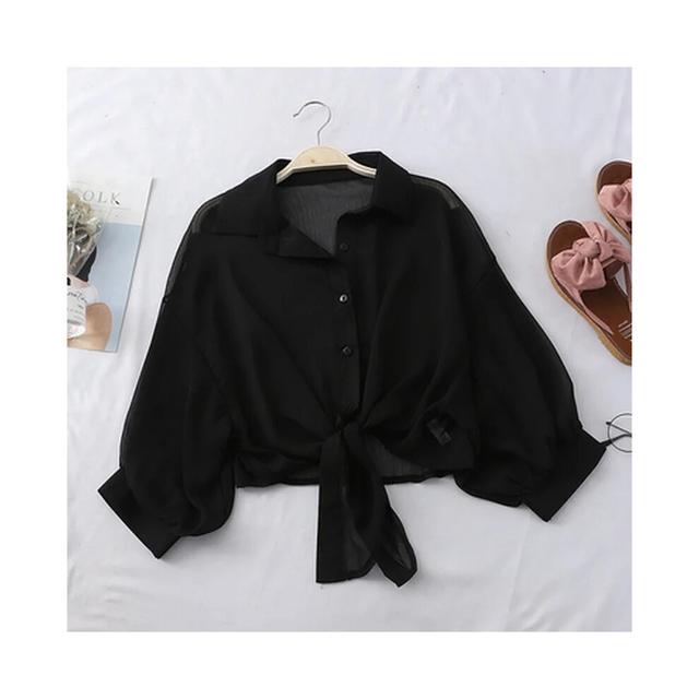 (black, XL) Casual Loose Hollow White Clothes Elegant Solid Color Tied Waist Blouse Women Summer Bat Half Sleeve Button Chiffon Shirt 9776