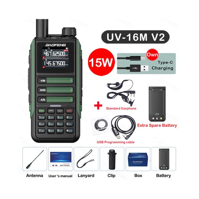 (USB Plug, Green-Kit 10) Upgrade UV16M V2 Walkie Talkie 15W High Capacity AM FM 2-Way Radio Full Band LCD 999CH Frequency Copy