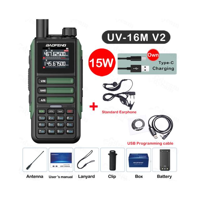 (USB Plug, Green-Kit 3) Upgrade UV16M V2 Walkie Talkie 15W High Capacity AM FM 2-Way Radio Full Band LCD 999CH Frequency Copy