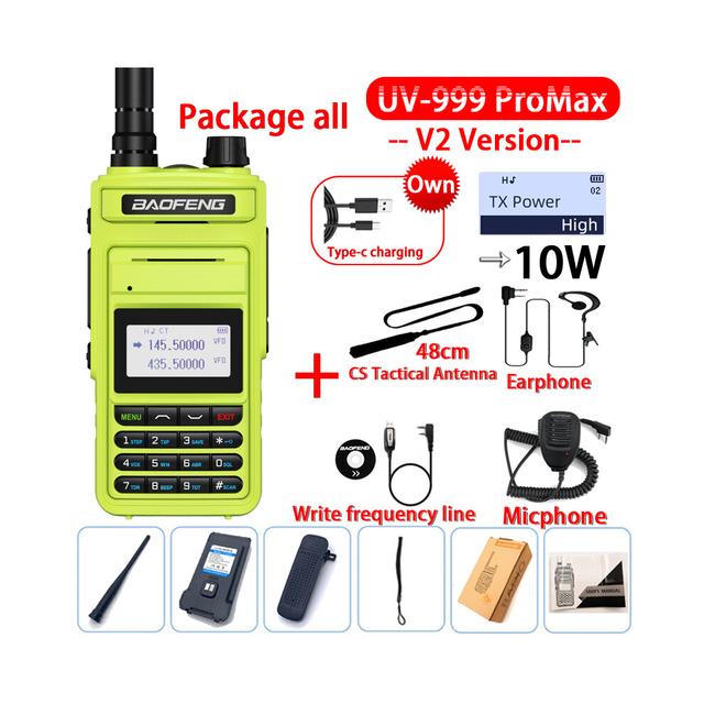 (USB Plug, V2 Shiny Green  all) 2023 UV-999 Pro Max V2 10W Powerful Dual Band Walkie Talkie Type-C Long Range Transceiver Ham Two Way