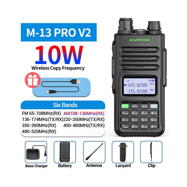 (Black V2 add Type-C) M-13 Pro V2 Walkie Talkie Air Band Wireless Copy Frequency Type-C Charger Long Range High Power UV13
