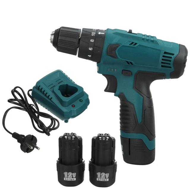 (One Battery, US Plug) 12V 1500mAh 3 IN 1 2 Speed Cordless Drill Driver Electric Screwdriver Hammer Flat Drill 18+3 Torque 10mm W/ None/1/2 Battery Fo