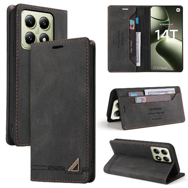 (Black) Flip Case for Xiaomi 14t Premium Leather Two Card Slots Premium Leather Kickstand