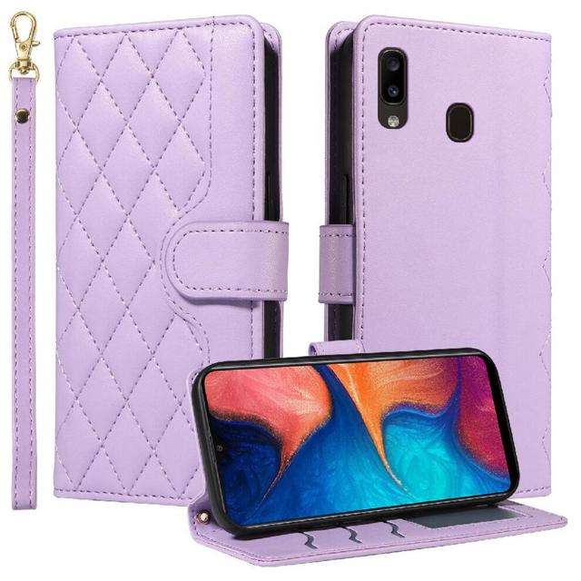 (Purple) Flip Case for Samsung Galaxy A20e Lattice Flip Folio Phone Case with Stand Wallet Card Slots Detachable Wrist Strap and Long Lanyard