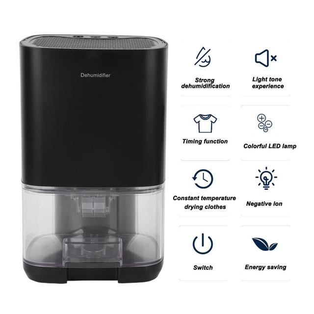 Smart Dehumidifier for Home 36W 1000ml ABS Ultra Quiet Auto Shut Off Desktop Dehumidifier with 7 LED Lights for Room Black EU Plug