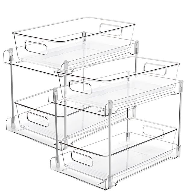2 Pack Double Tier Clear Plastic Drawer Organizer Under Sink Sliding Drawers with Tray Multifunctional Storage Rack Drying Rack Spice Rack