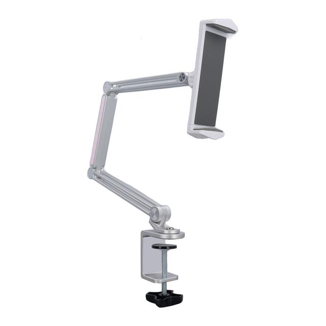 Metal Bed Phone Holder with Clamp 360 Degree Rotation Foldable Desk Long Arm Phone Mount with Adjustable Light for Phone Tablet Silver