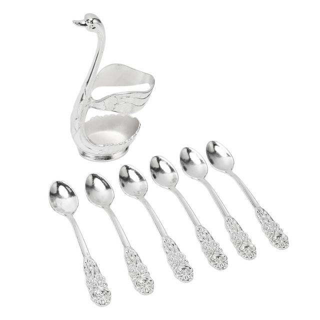6Pcs Coffee Dessert Spoon Set Metal Swan Base Holder Dessert Spoon Organizer with 6pcs Spoons Teaspoon for Fruit Cake