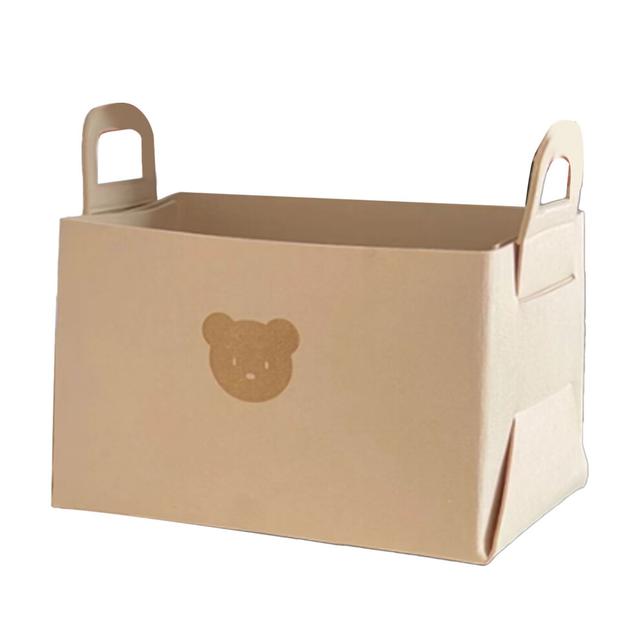 Felt Storage Basket with Handles Foldable Laundry Snacks Toys Clothes Bin for Home Desktop Bear Pattern Beige