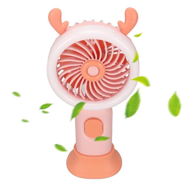 Portable Handheld Fan Deer Ears Shape Three Speeds USB Rechargeable Desktop Small Fan with Ambient Light Pink