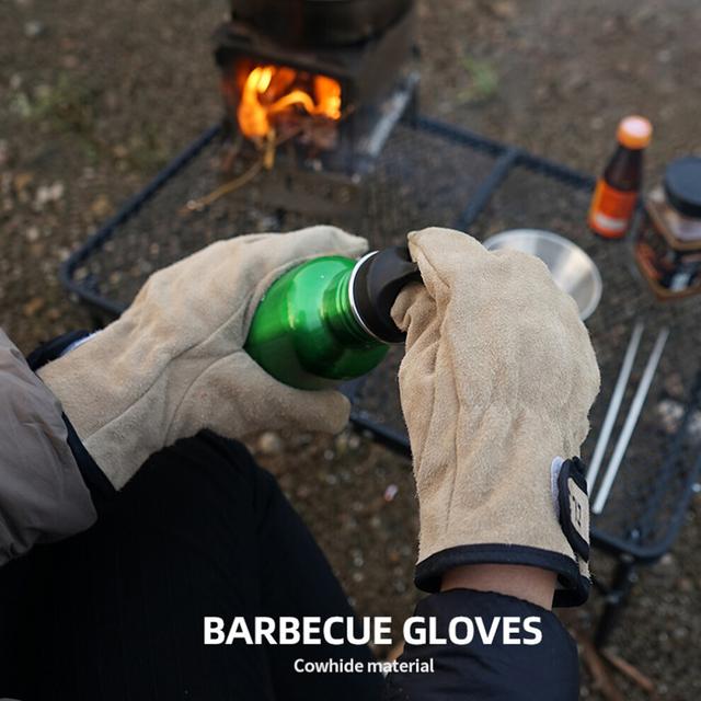 Camping Gloves Cowhide Leather Gloves Heat/Fire Resistant Mittens Outdoor Warm Gloves for BBQ Oven Fireplace