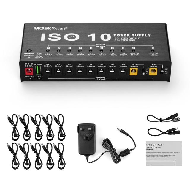 MOSKYAudio ISO-10 Portable Guitar Effect Power Supply Station 10 Isolated DC Outputs & One 5V USB Output for 9V 12V 18V Guitar Effects