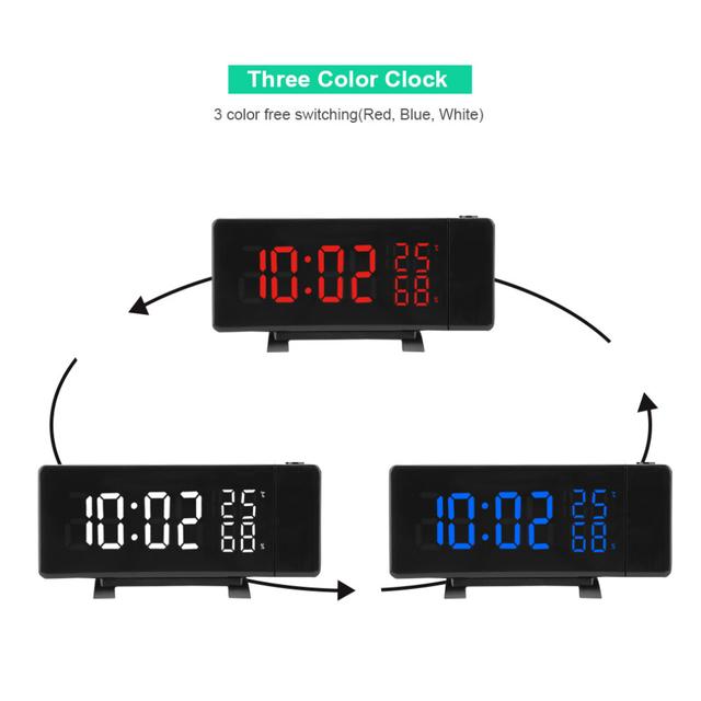 Digital Clock 3 Color Projection LED Switch Display Time Clock Temperature Humidity FM Radio 12