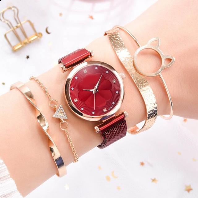 5pcs Red Bangle Watch Set Quartz 34mm Dial with Box