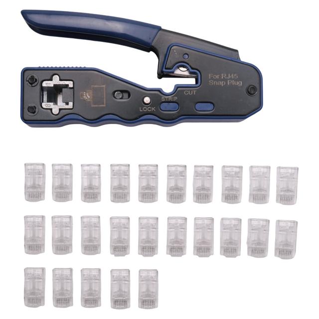 Ethernet RJ45 Pass Through Crimping Tool Bundle with CAT6 50U Modular Plug 25 Pack